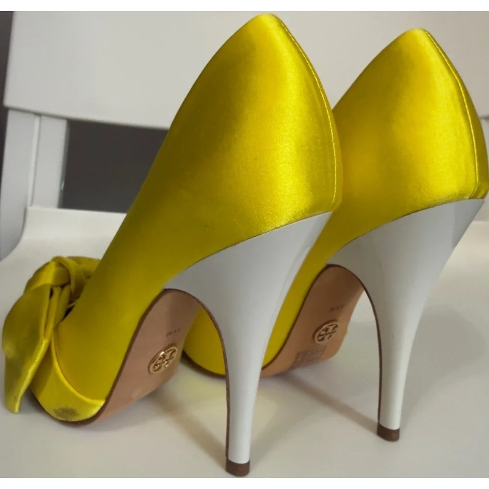 Tory‎ Burch Yellow Satin Bow Pointed Toe Pumps White Stiletto Heels Womens 5.5